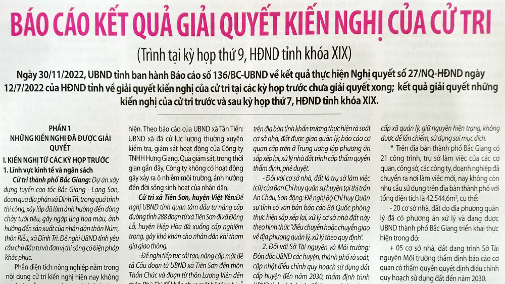 Báo cáo kết quả giải quyết kiến nghị của cử tri