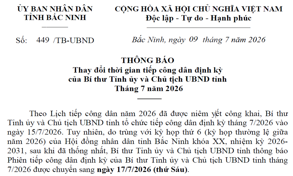Thay đổi thời gian tiếp công dân định kỳ của đồng chí Bí thư Tỉnh ủy và Chủ tịch UBND tỉnh