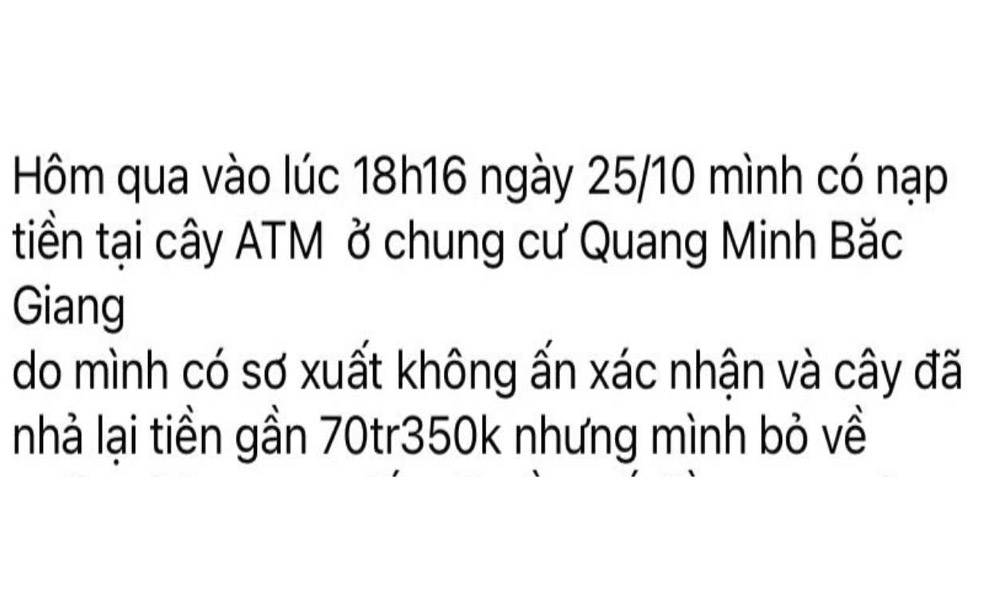 TP Bắc Giang: Chủ nhân bỏ quên tiền ở cây ATM đã nhận lại tài sản